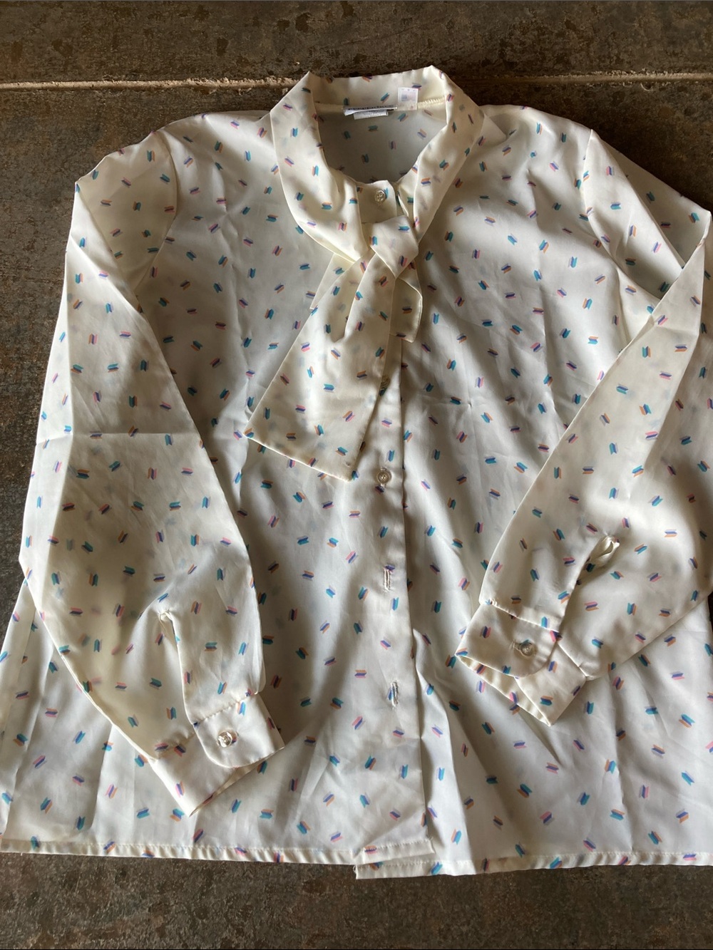 Tie-Neck Long Sleeve Button-Down Blouse in Cream with Micro Print